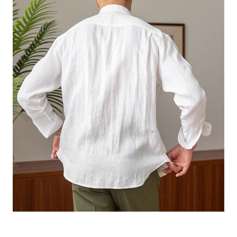 Men Linen Blend Mandarin Collar Long Sleeve Shirt Casual Breathable Lightweight Spring Autumn Shirt