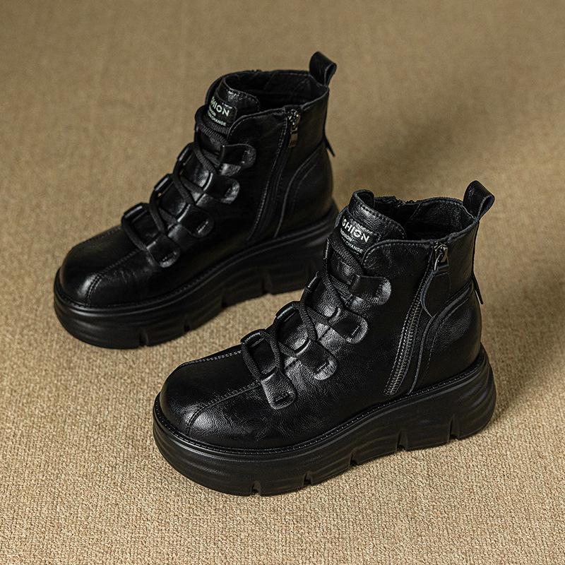 Autumn/Winter Thick-Soled Hidden Heel 8cm Side Zipper Versatile Women's Leather Martin Boots