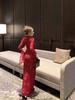 Red Slim Fit Long Sleeve Lace Dress - Spring/Summer Waist-Cinched Evening Gown with French Royal Elegance