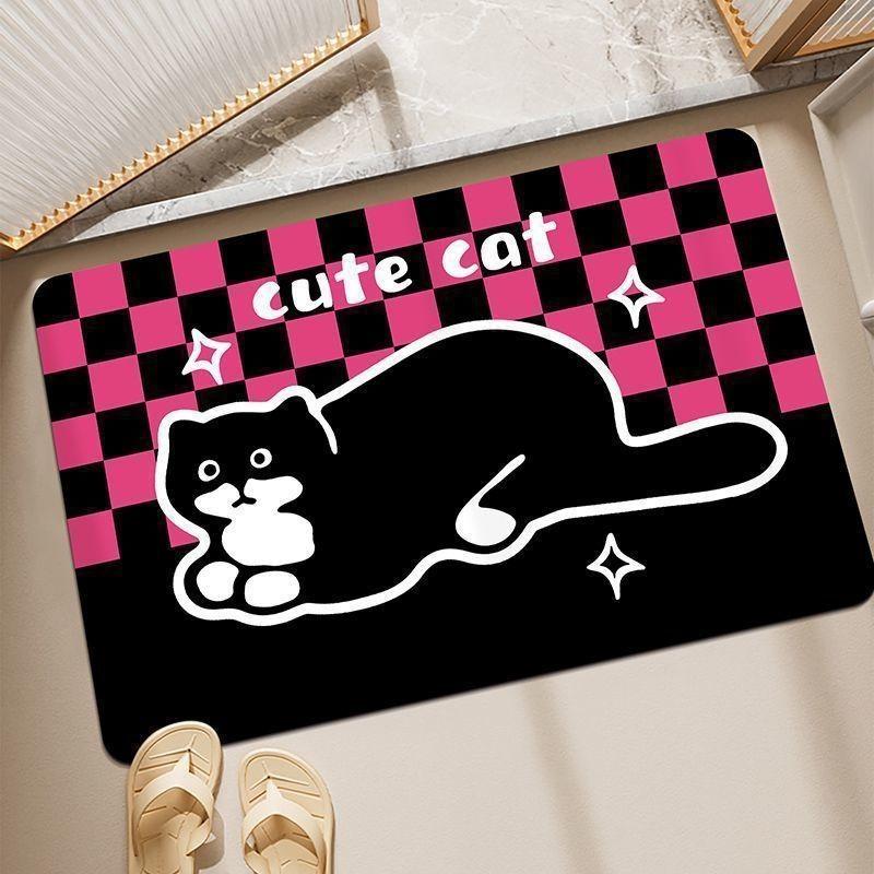Cute Dog Cartoon Cat Checkered Pattern Diatom Mud Cushion Kitchen Carpet Toilet