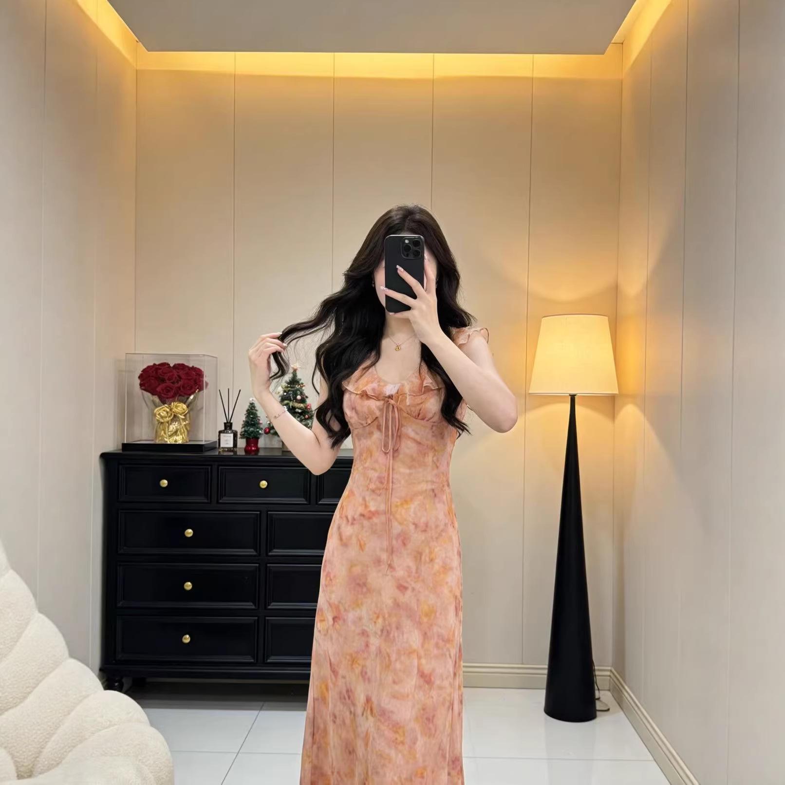 French Ruffle V-Neck Floral Print Tie-Up Dress - Women s Slimming Summer Commute Style XL