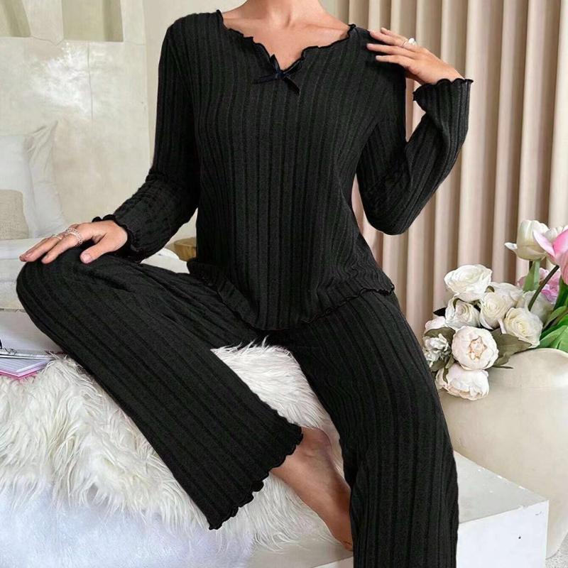 

Женская одежда для сна осень-зима, ребристый пижамный комплект, топ с длинными рукавами и длинные брюки, комплект из 2 предметов, повседневная домашняя одежда, одежда для отдыха S чёрный