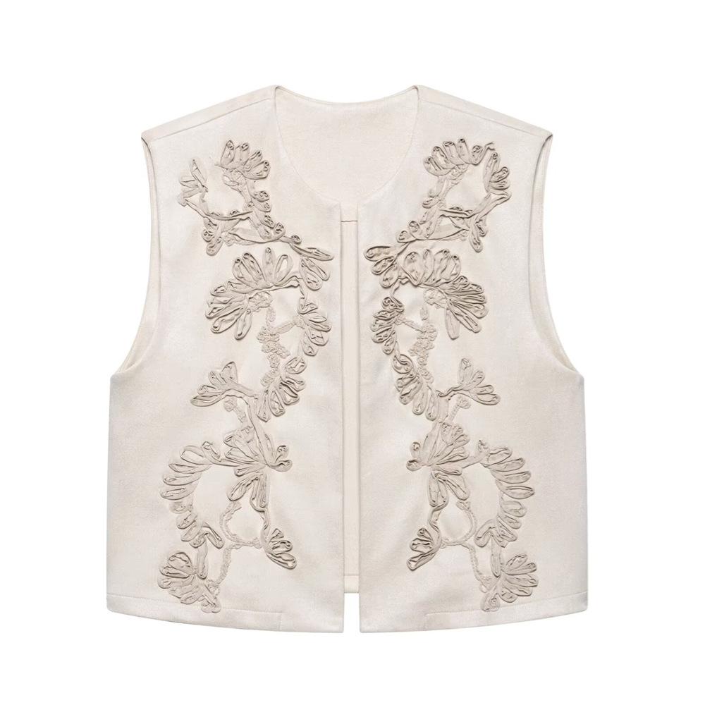 Spring/Summer 2025 Women's Slim Fit Velvet Embroidered Round Neck Vest