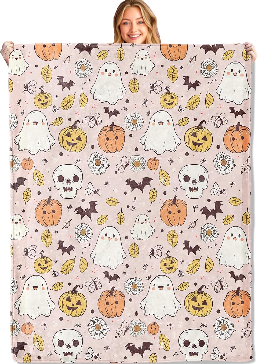 Textilien Unisex Pink Ghost,Pumpkins And Skull Throw Blanket - 50X60in,Ultra Soft, Cozy Lightweight Flannel,Cute Bat Blankets - Gifts For Kids,Fo