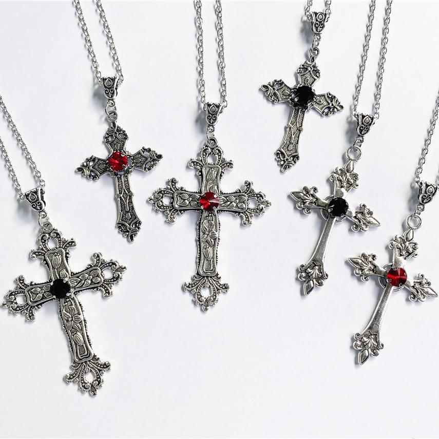 Gothic European Diamond Cross Necklace with Creative Floral Pattern