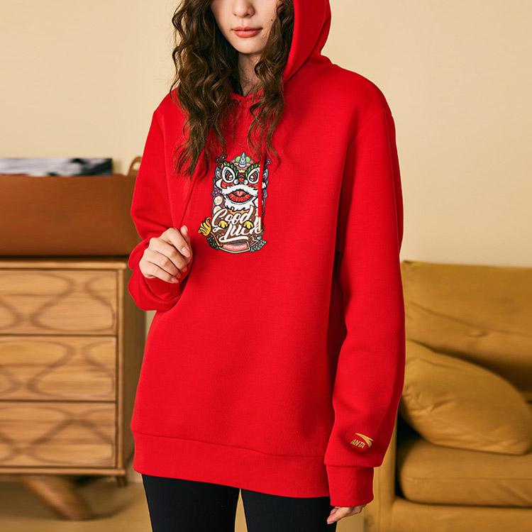 Anta Lion Head Embroidery Casual Hoodie Unisex Tops Red 152318713-1