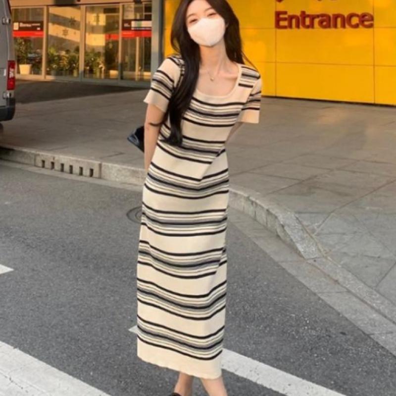 Shop Women Square Neck Striped Knit Long Dress Won Wdr Wfi73gw
