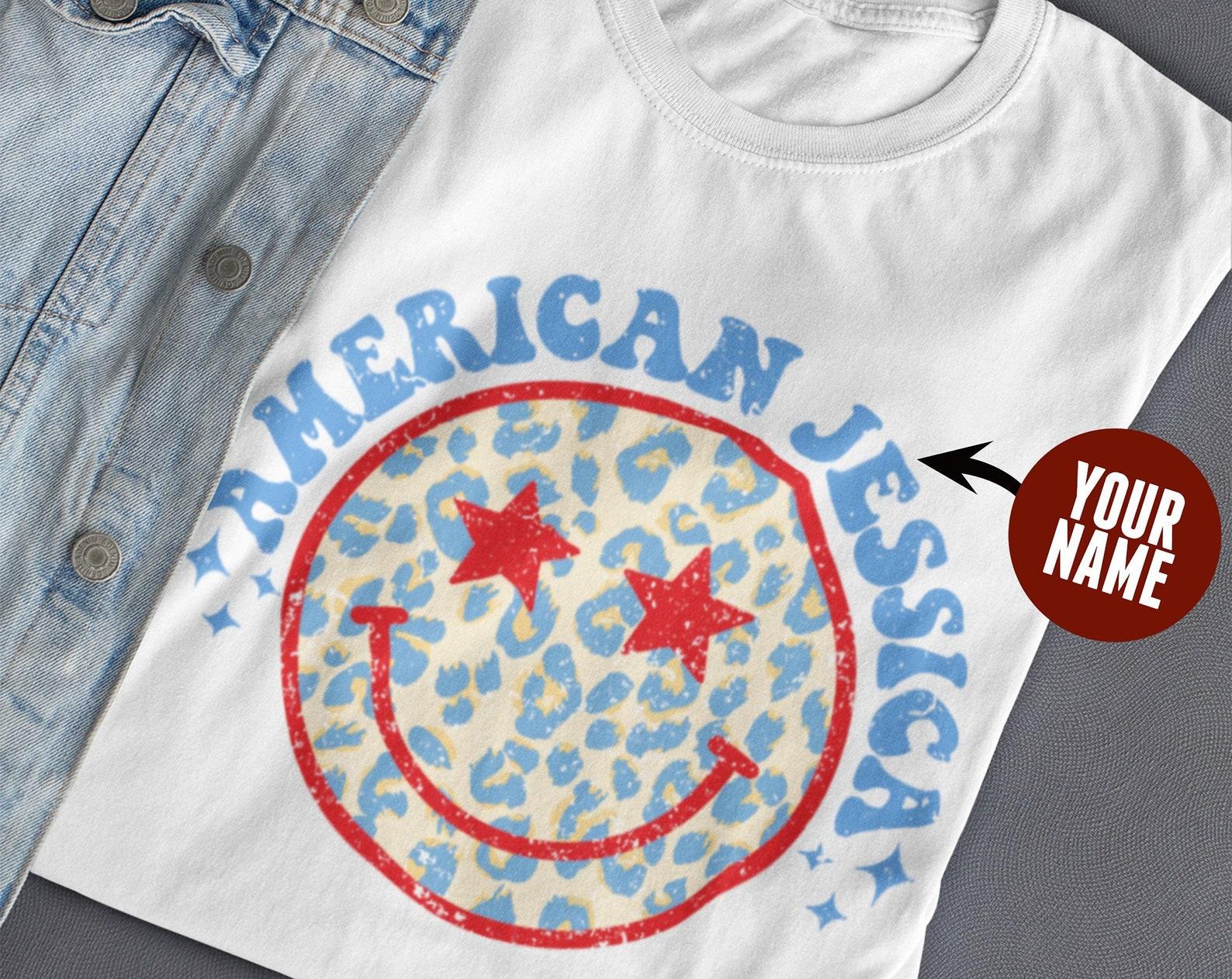Custom American Name Shirt, Personalized 4th of July Tee, Custom Patriotic Shirt, American Shirt, Retro Custom Smiley Face Shirt, USA Mama XL