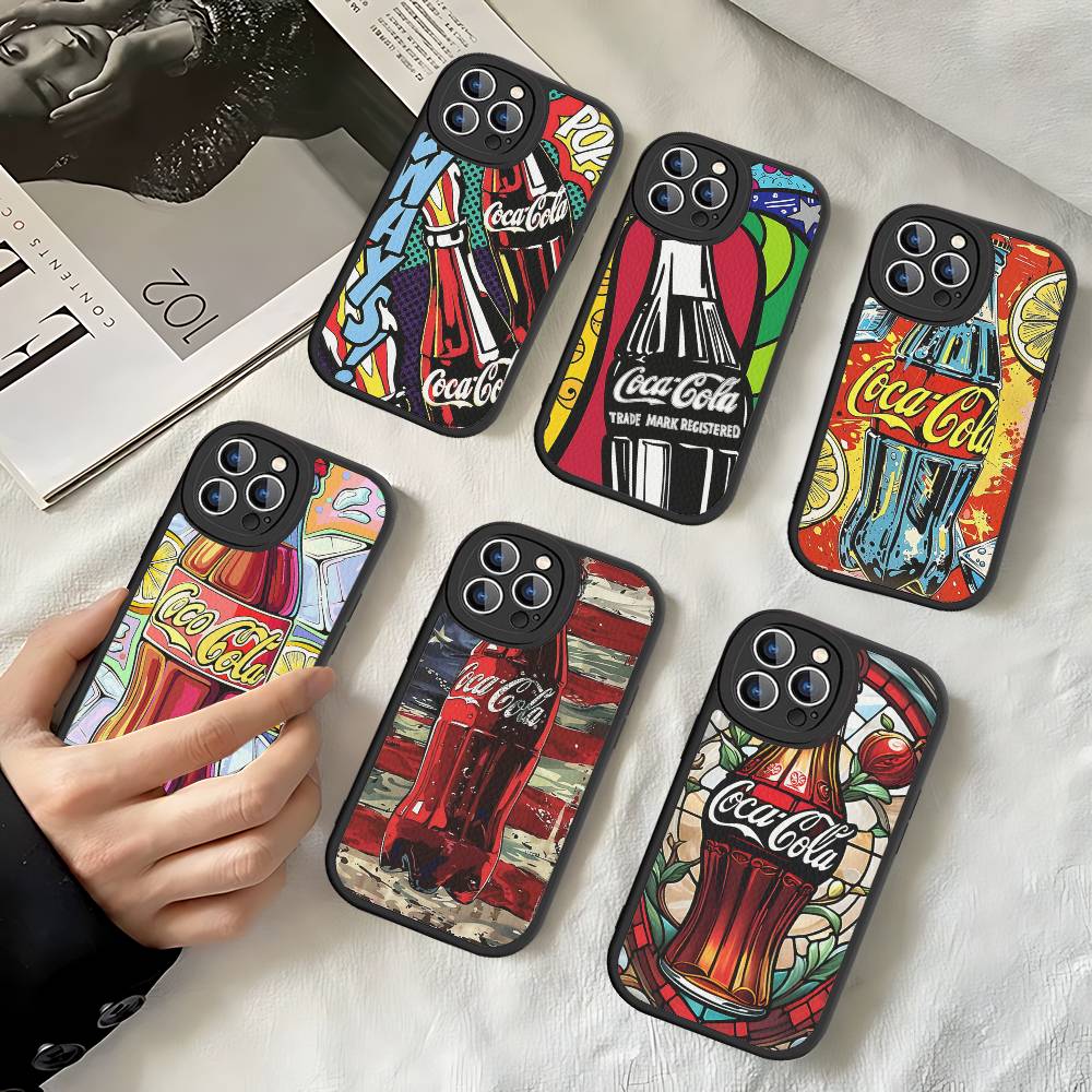 C-CocaS-Fashion Cola Leather Phone Case For IPhone 16 14 15 Pro Plus 13 12 11 Pro Max Silicone Cover
