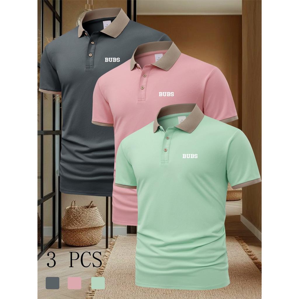 3pcs Summer Men's Casual Short-Sleeve Polo Shirt with a Collar, Stylish And Suitable for Everyday Business Wear