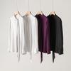 Women's Spring Ribbon Silk Blouse - Long Sleeve, Mid-Length, Slim Fit, Solid Color.