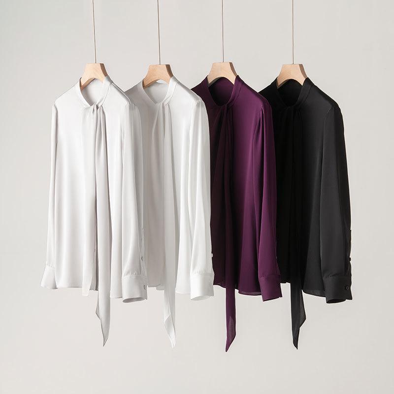 2025 Spring Women's Long Sleeve Mulberry Silk Shirt with Ribbon - Commuter Style, Slim Fit, Solid Color