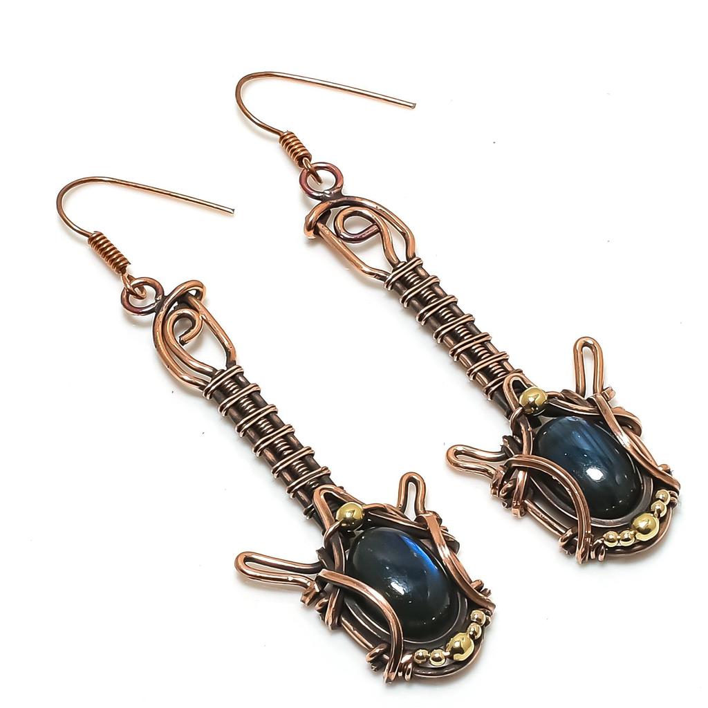 Labradorite 999 Copper Wire Wrapped Earrings, Handmade Gemstone Earrings Jewelry, Gifts For Wife Brand New Earrings