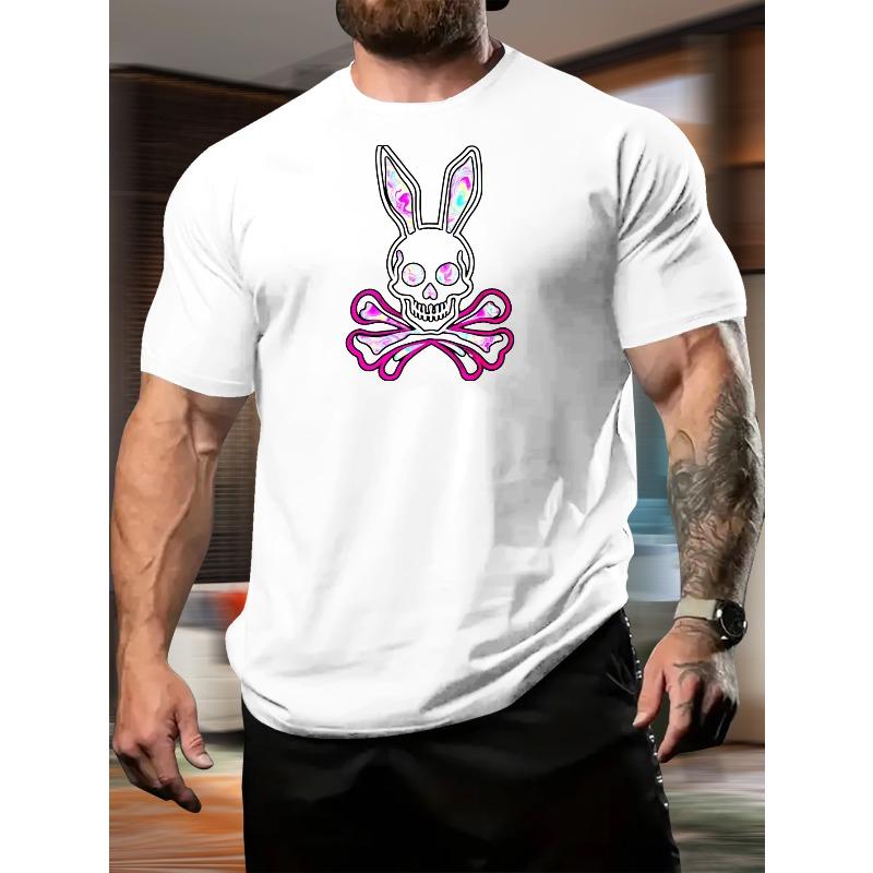 European sizes Men'S White Short-Sleeve T-Shirt Featuring a Print Rabbit Skull Design, Perfect for Casual Trendy Outfits