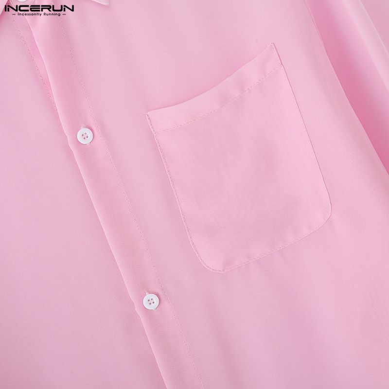 INCERUN Oversized Men Lapel Neck Drop Shoulder Long Sleeve See Through Mesh Shirts Tops