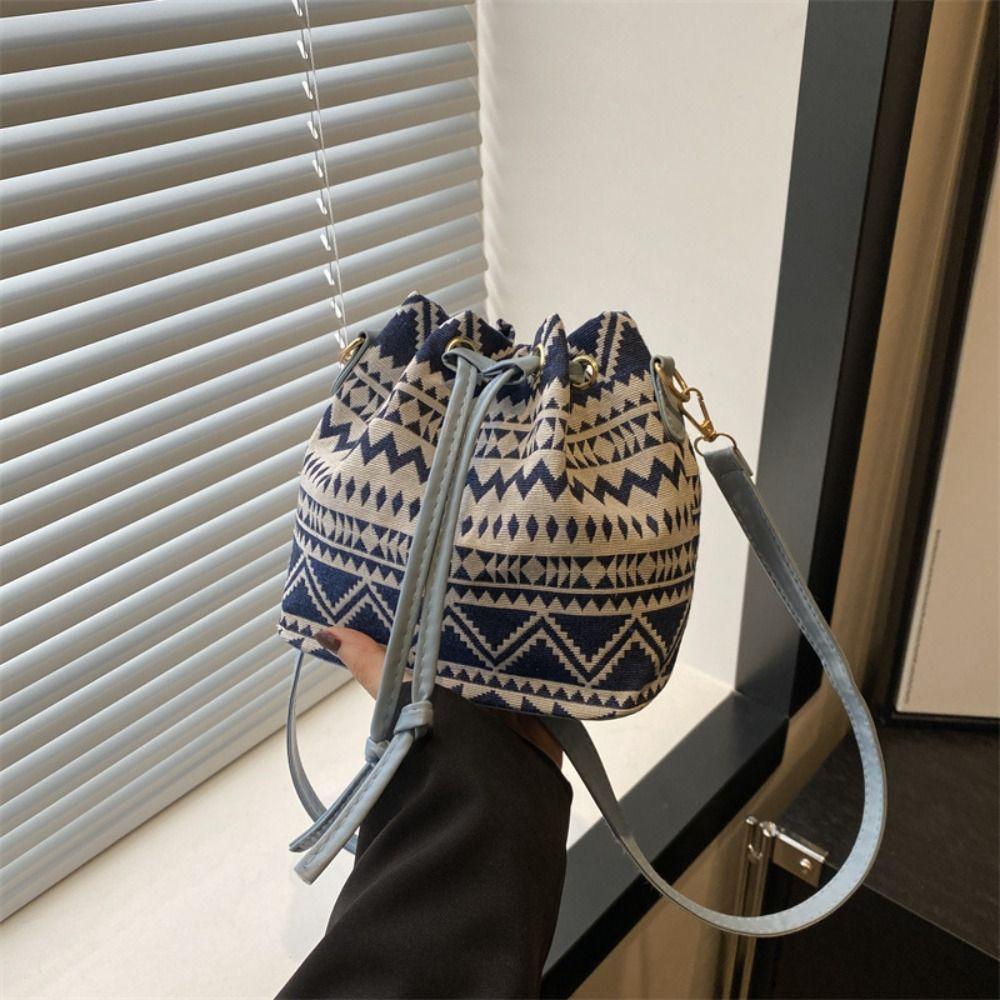 Fashion Linen Fabric Bucket Bag Floral Ethnic Style Crossbody Bag Handbag Women