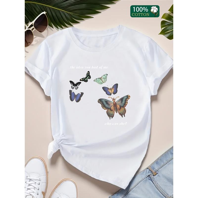 European Sizes Women's Butterfly Graphic Cotton T-Shirt - Casual Short Sleeve Crew Neck Tee with Inspirational Quote,