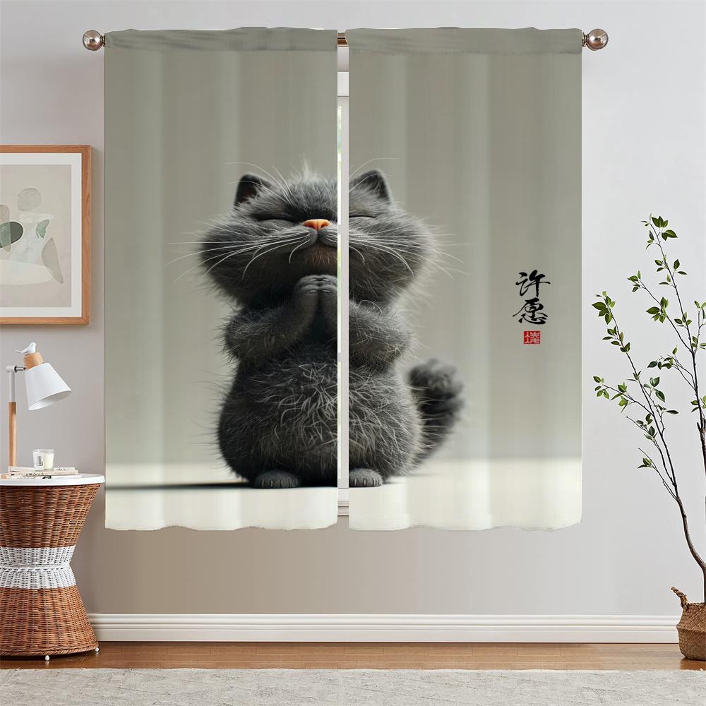 Curtains for Kitchen Curtains 2 Pieces Window Meditation Cat Cabinets for Living Room Decoration Fabric Curtain Tiebacks Blind