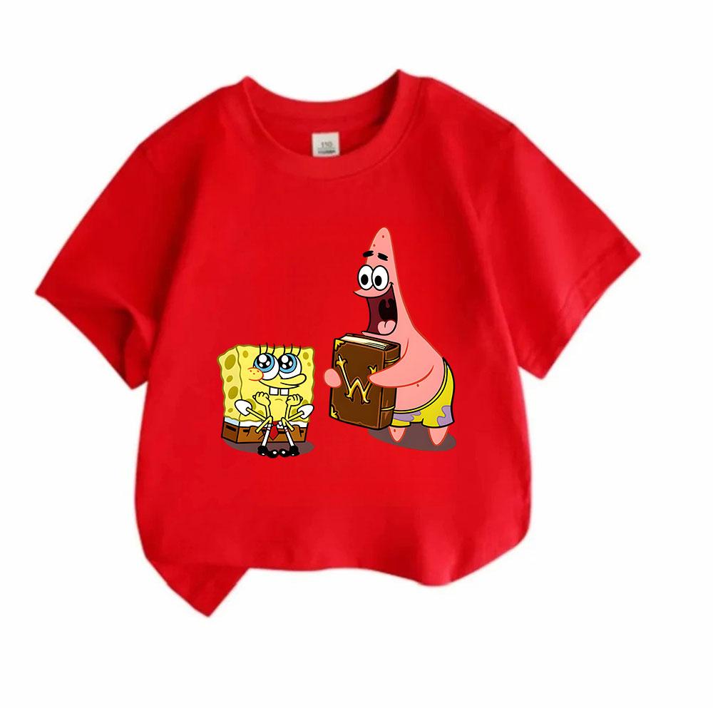 Kids Boys Girls 100% Cotton Crew Neck Short Sleeve T-Shirt, Cute Cartoon Sponge Star Character Print Casual Soft Breathable Tee for Children Daily Wea