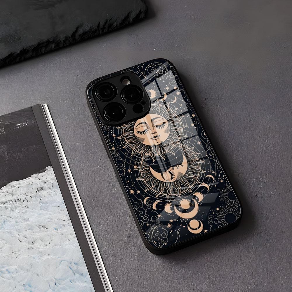 

Yinuoda Funny Sun Moon Face Phone Case For IPhone 17 Air 16 E Pro Max 15 14 13 Mini 12 Pro 11 Max Plus Black Glass Cover iPhone 15 Pro