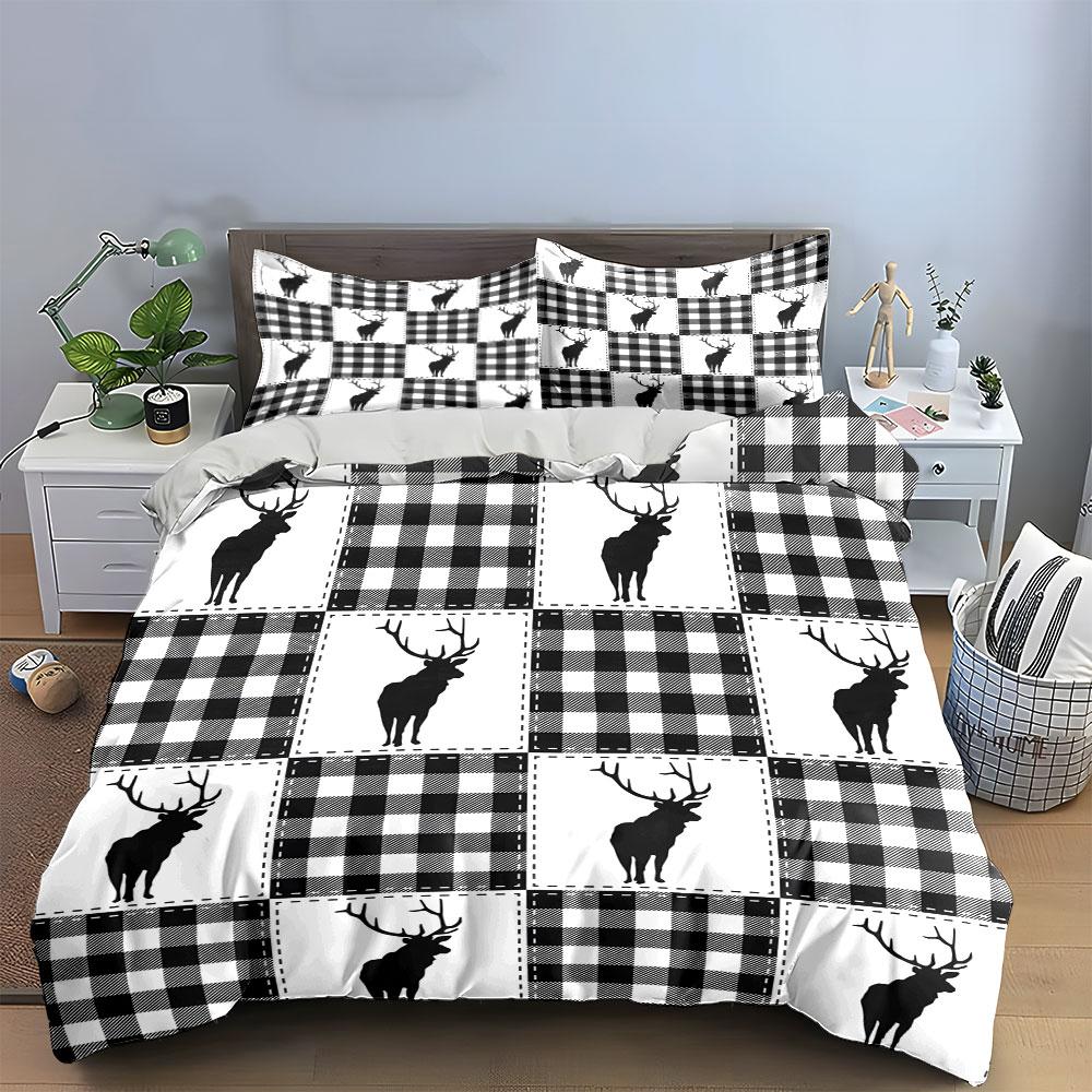 Rustic Plaid Deer Bedding Set 3PCS Black White Buffalo Check Print Duvet Cover with Pillowcases,Single Double, Multiple Sizese