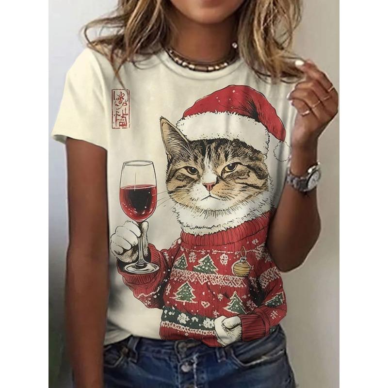 Women's round-neck T-shirt with a cat pattern print