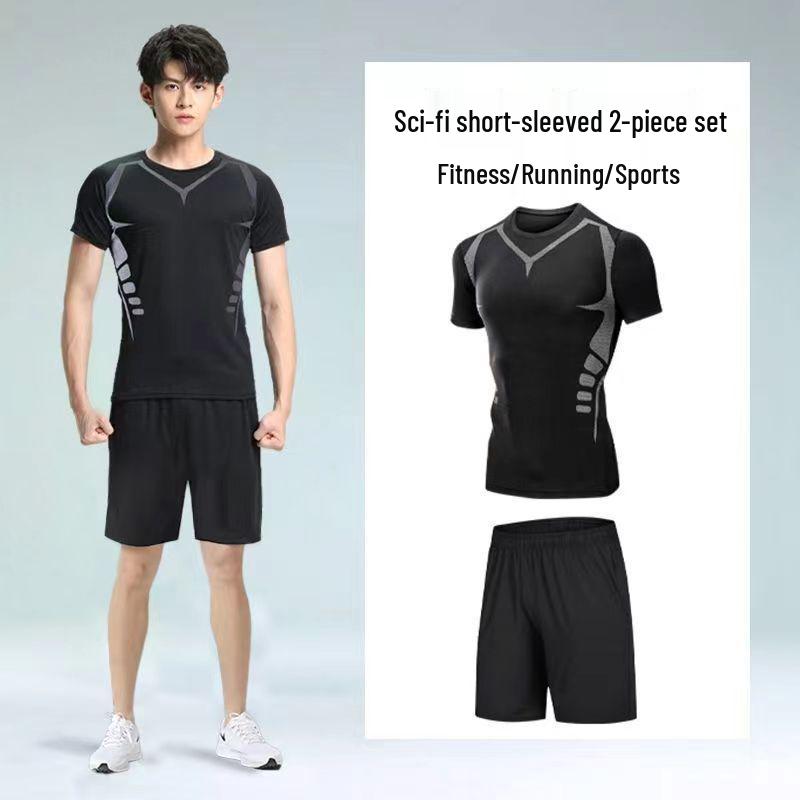 Pánské rychleschnoucí sportovní oblečení z ledového hedvábí s těsným střihem: Set s krátkým rukávem a pětibodovými kalhotami na letní fitness a běh
