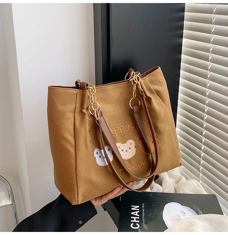 

Large capacity canvas bag female college student class bag Japanese cute commuter shoulder bag versatile strawberry bear tote bag хакі
