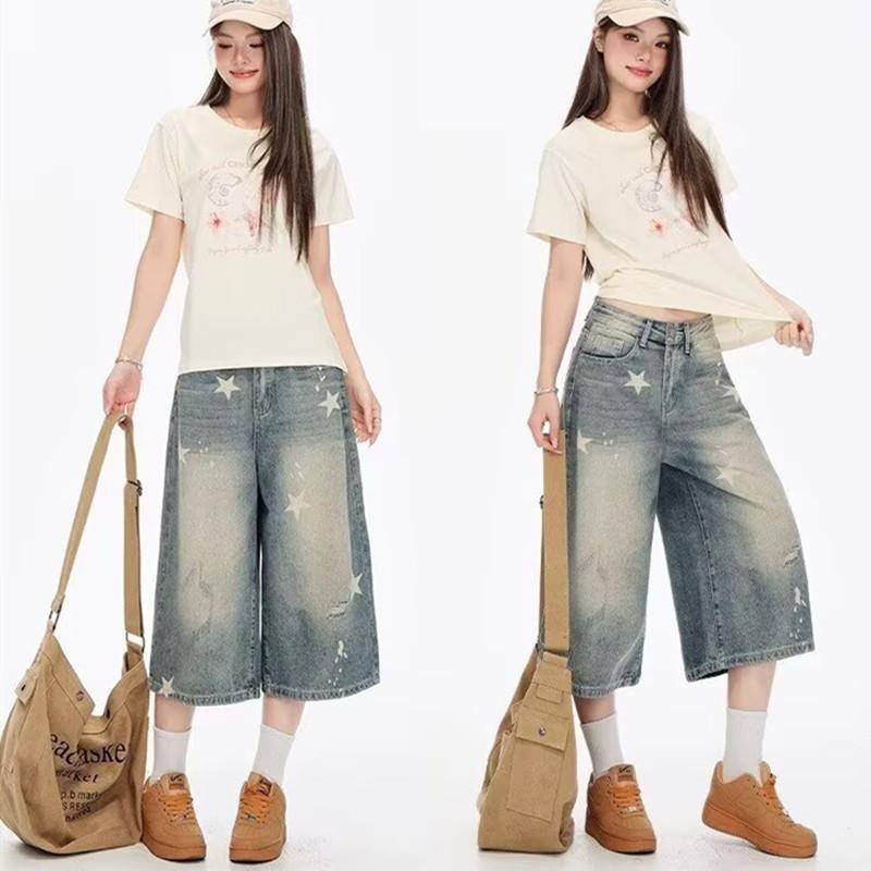 American trendy brand star seven-point jeans men's new summer straight couple pants casual shorts women