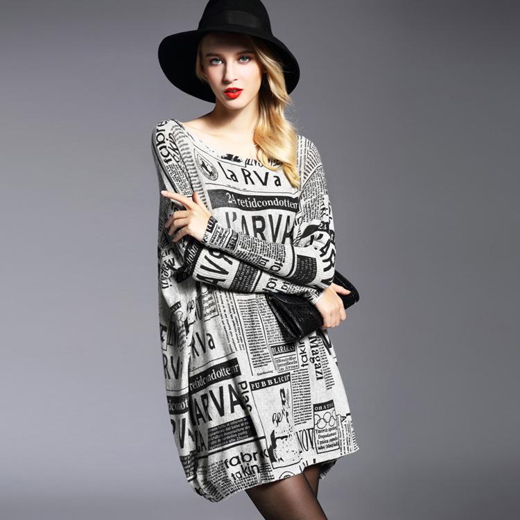 Autumn Plus Size Women's Newspaper Print Loose Knit Sweater