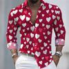 Men's Long-Sleeved Shirt with Heart Print Pattern, Stylish and Handsome, Festive Men's Lapel Top