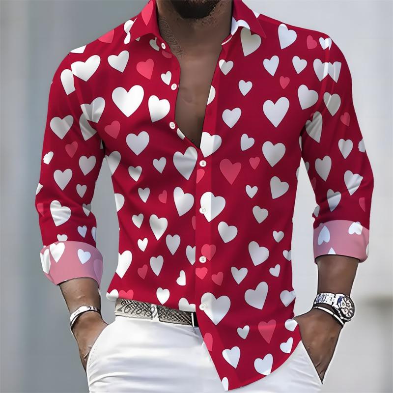 Men's Long-Sleeved Shirt with Heart Print Pattern, Stylish and Handsome, Festive Men's Lapel Top