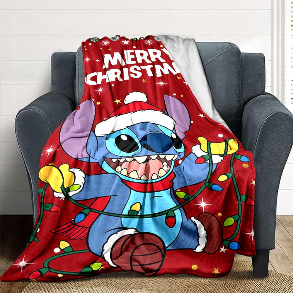 Merry Christmas Stitch Flannel Blanket Super Soft Warm Cozy Blanket for Sofa Bed Office Travel All‑Season Home Decor Gift