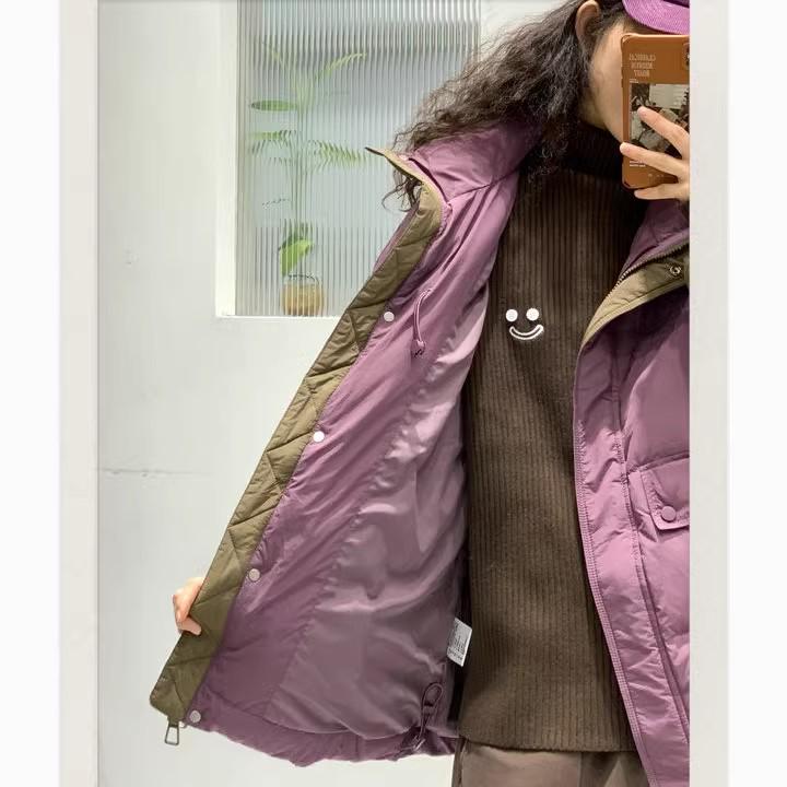 2024 Autumn/Winter European Style Mid-Length Stand Collar Color Block Duck Down Jacket for Women