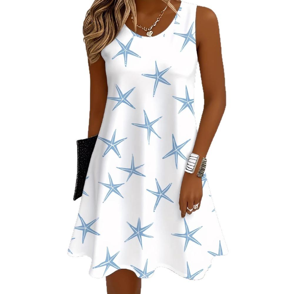 Summer Women Sleeveless Dress Floral Small Fresh Round Neck Vest Dress Casual Loose Seaside Vacation Style Comfortable Breathable Dress