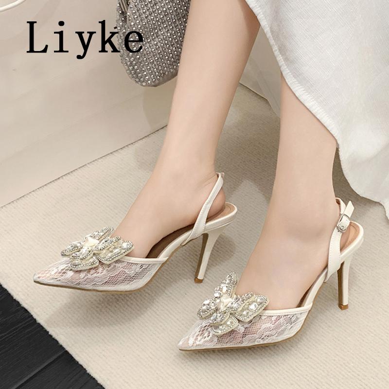 Fashion Liyke Fashion Design Crystal Bowknot Women Pumps Sexy Mesh Pointed Toe High Heels Party Shoes Female Slingback Sandals White