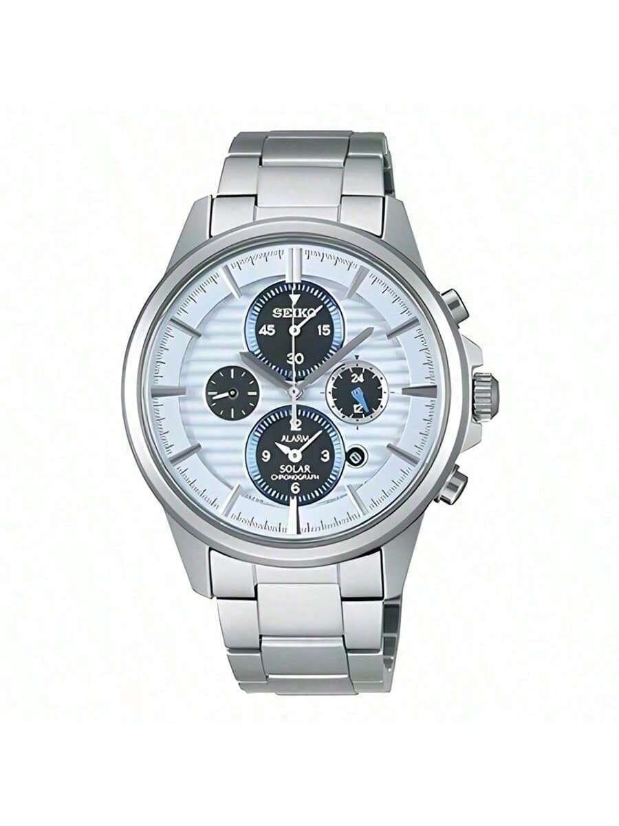

Мужские кварцевые часы Seiko, светло-голубой циферблат, корпус и браслет из нержавеющей стали, SSC035J1