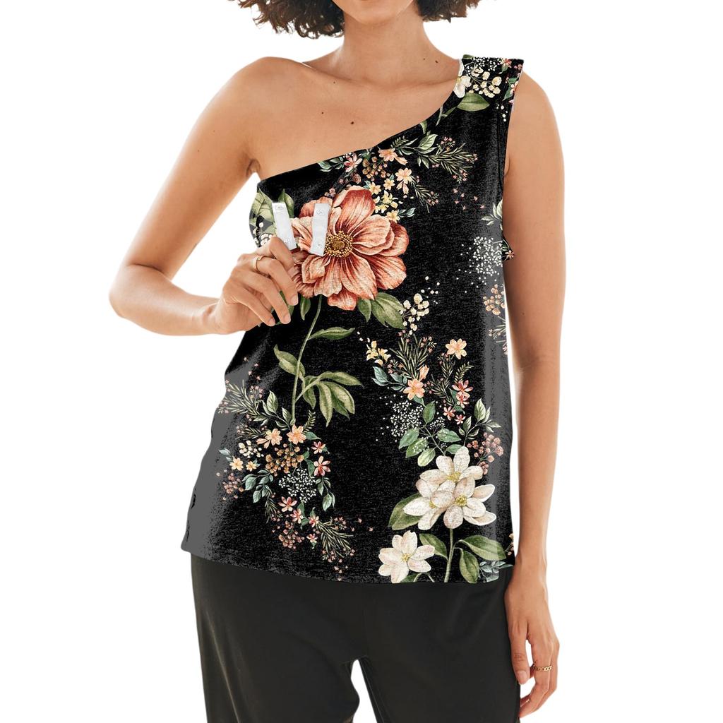 Damen Adaptive Kleidung Schulter-Erholungsshirt Reißverschluss vorne Ärmellos Florales Muster Oberteil zum einfachen Anziehen