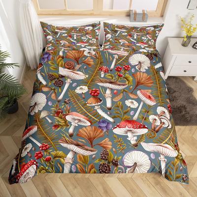 Mushroom Duvet Cover Watercolor Fungus Bedding Set Wild Botanical Comforter Cover Set Retro Leaf Pattern Polyester Quilt Cover