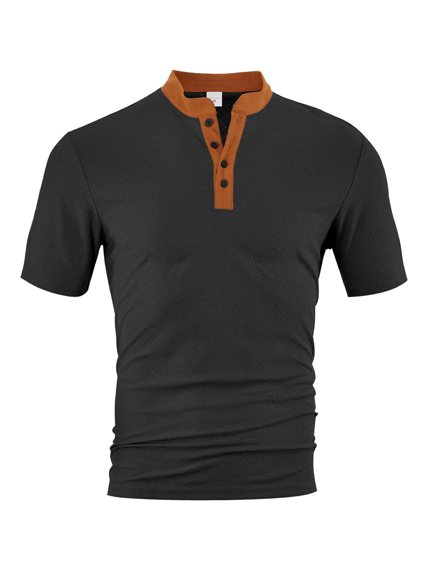

European and American men s clothing summer short-sleeved casual loose breathable towel jacquard cloth button-up men s shirt Henry shirt XXXL чорний
