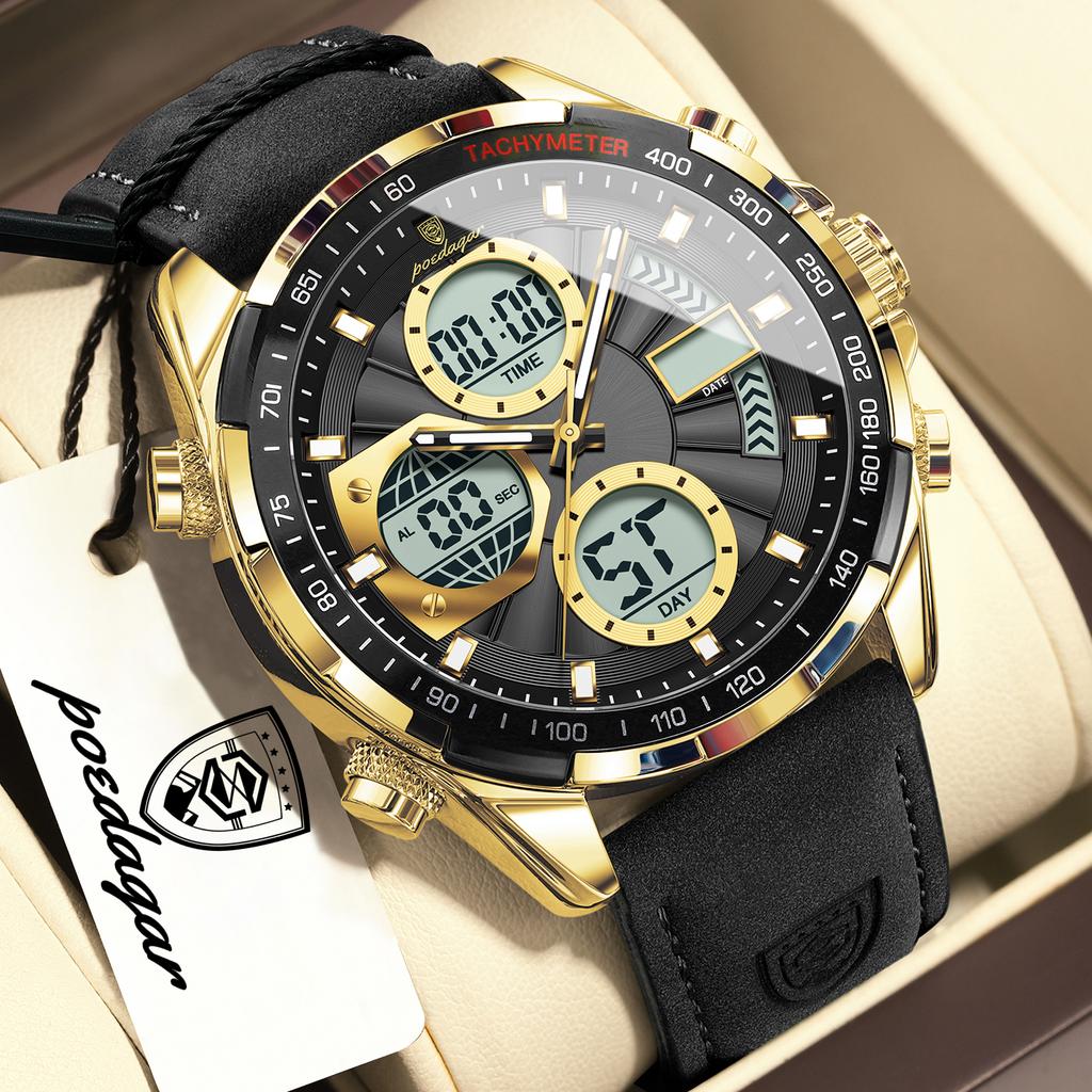 POEDAGAR Men Wristwatch Week Date Digital LED Quartz Fashion Clock Alarm Dual Time Display Electronic Luminous Watches