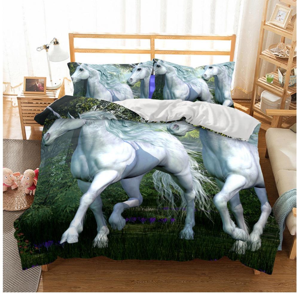 White Horse Print Bedding Set,Unicorn Pattern Duvet Cover Set with Zipper Pillowcase Gifts Multi Styles Customizable Size