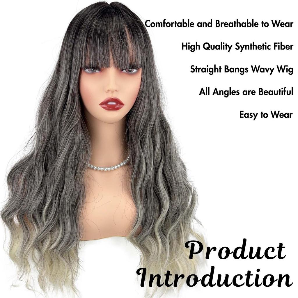 Wavy Long Curly Hair Wig with Bangs - Breathable Natural Look