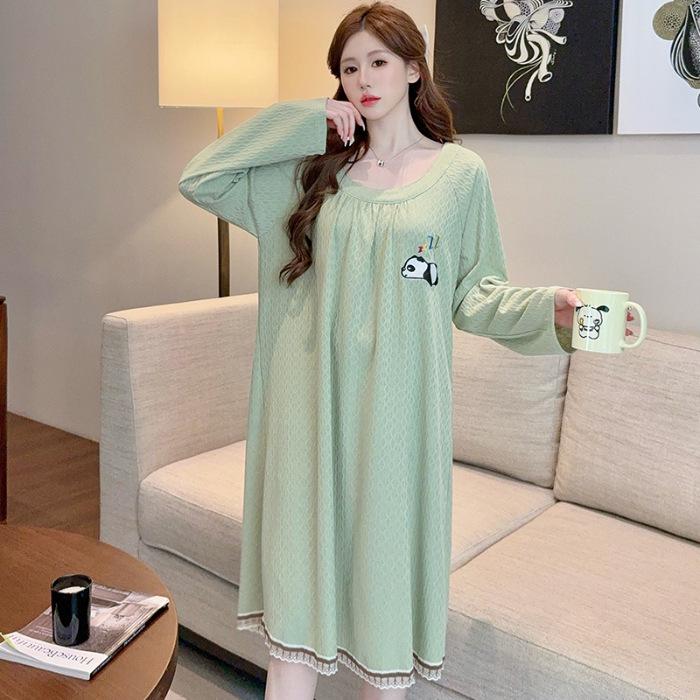 Jacquard Sweet Princess Long Sleeve Mid-Length Lazy Sleepdress, Plus Size, Spring & Autumn