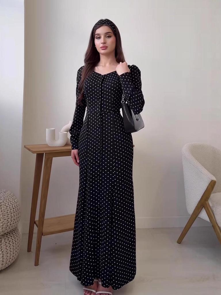 2025 Autumn Long Sleeve Square Neck Polka Dot Slimming Dress