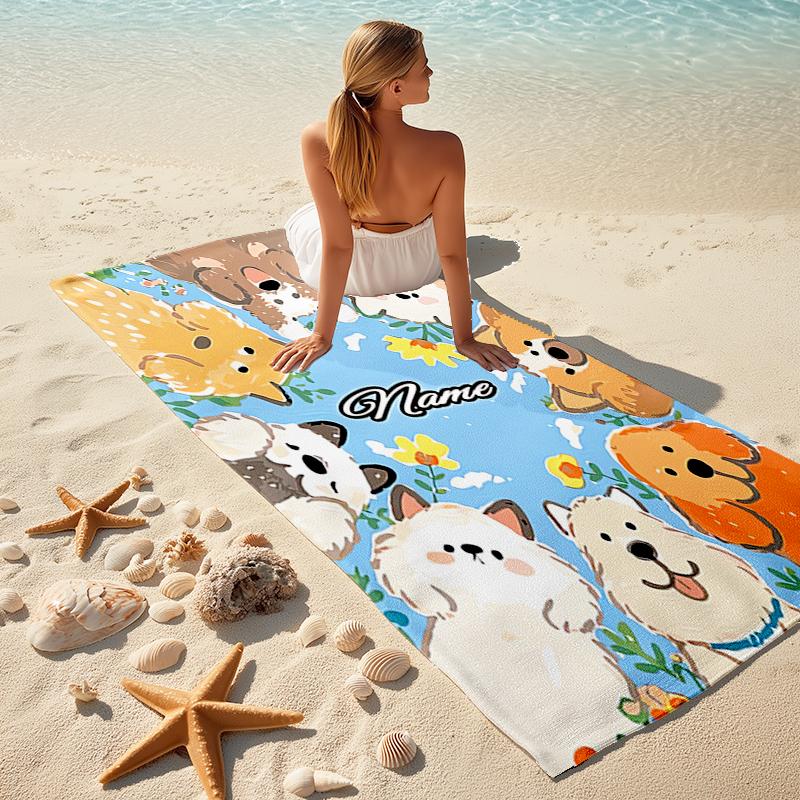 1PC Custom Name Puppy Party Blue Background Beach Towel Highly Absorbent And Sand-Resistant Towel for Swimming, Pool, Yoga, And Travel Lightweight