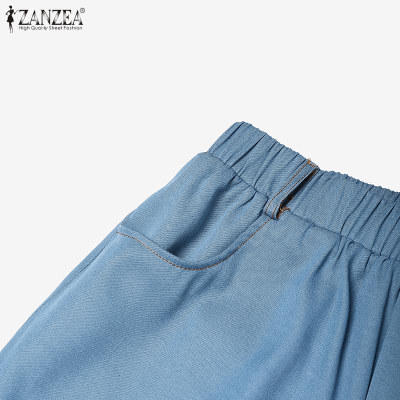 ZANZEA Women Casual Elastic Waist Solid Color Fifth Pants