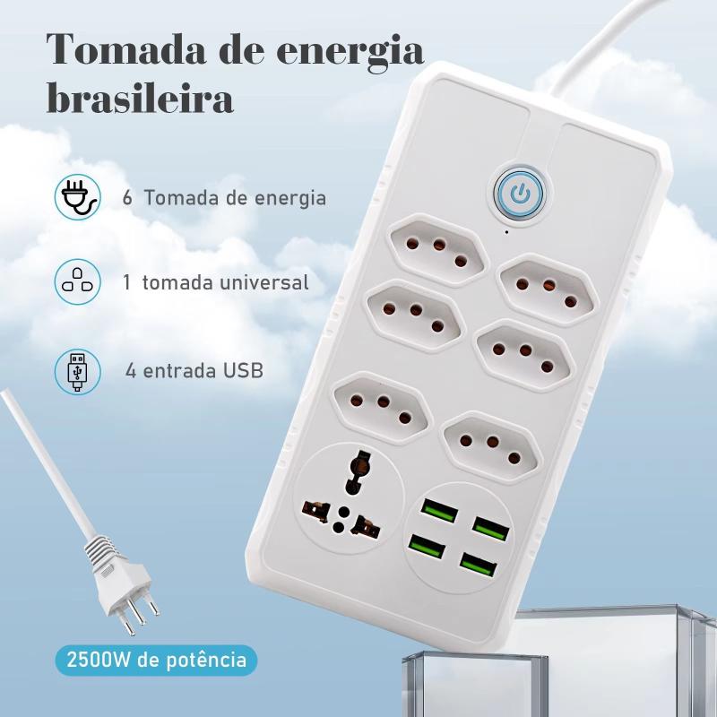 Wall Mount Power Extension Socket with USB Fast Charging Line Filter Voltage Regulator 6 Outlets 4 USB Ports 2M Cord for Workshop Use