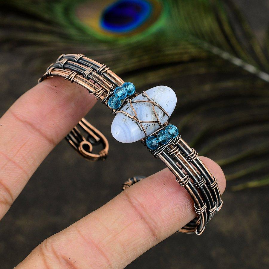Natural Blue Lace Agate Gemstone Copper Wire Wrap Cuff Bangle Adjustable k7A58