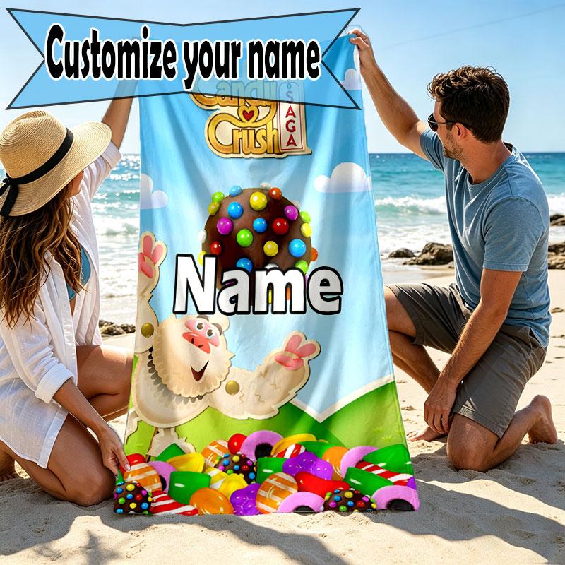 Custom Name Personalized Candy Crush Saga Print Beach Towel, for Trip Camping Beach Party Home Decor, Birthday Gift for Family & Friends